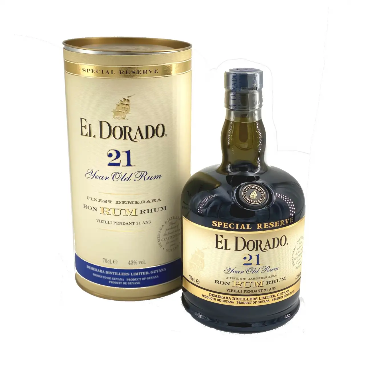 Image of the front of the bottle of the rum El Dorado 21 (2020 Release)