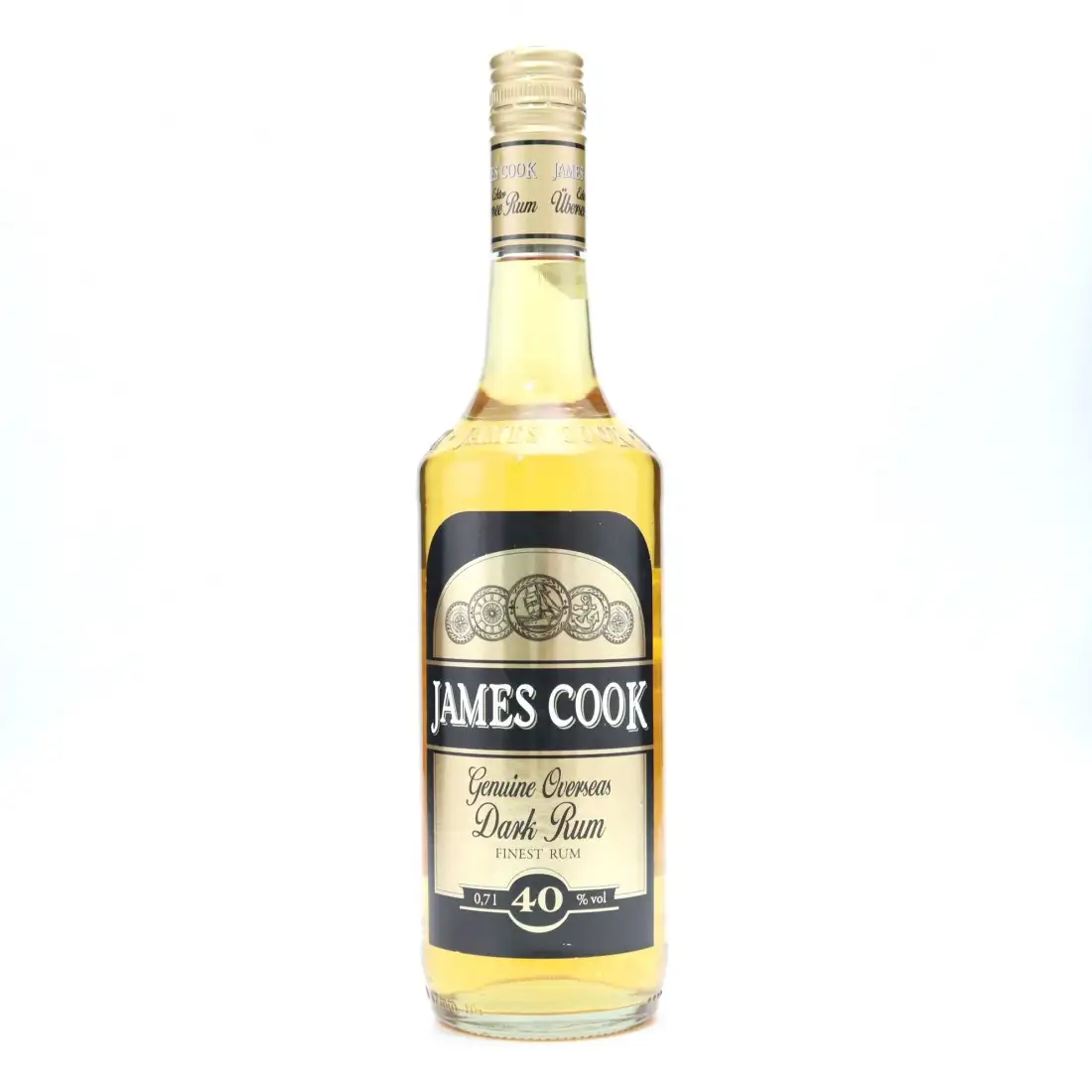 Image of the front of the bottle of the rum James Cook Genuine Overseas Dark Rum