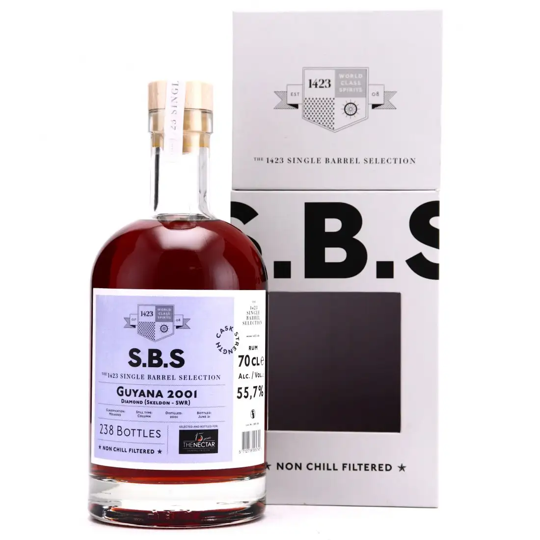 Image of the front of the bottle of the rum S.B.S Selected and bottled for The Nectar SWR