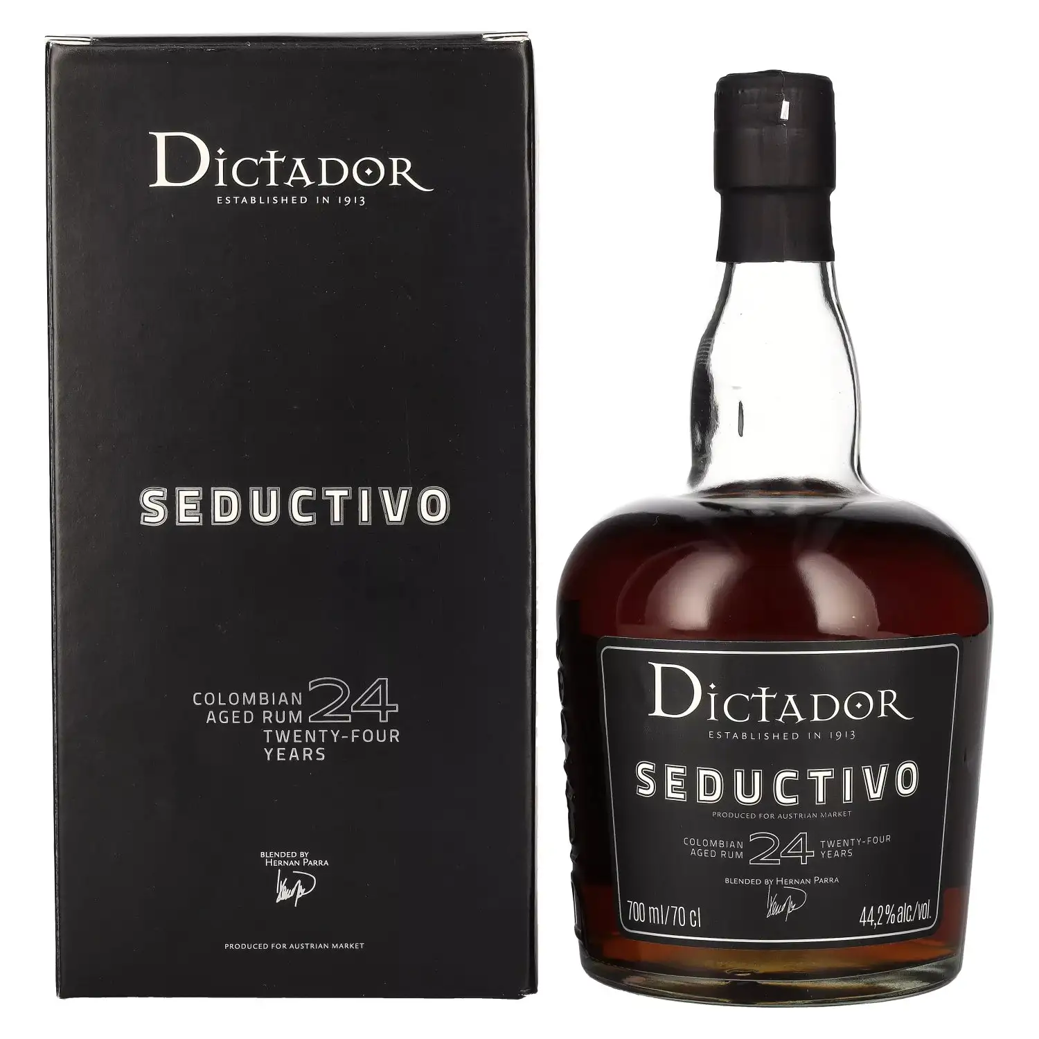 Image of the front of the bottle of the rumDictador SEDUCTIVO