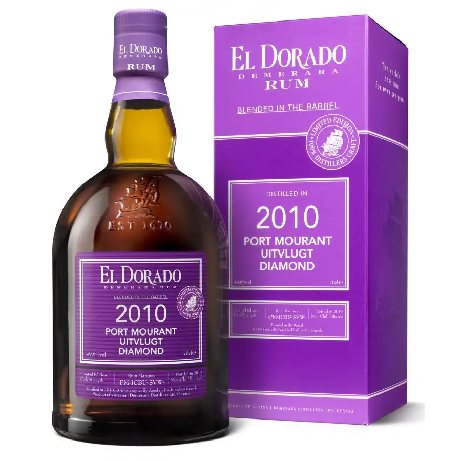 Image of the front of the bottle of the rum El Dorado Blended In The Barrel PM ICBU SVW