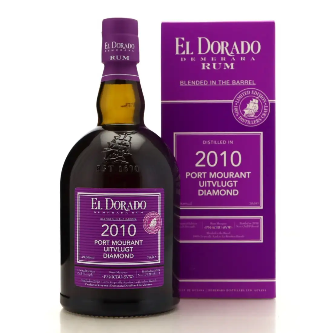 Image of the front of the bottle of the rum El Dorado Blended In The Barrel PM ICBU SVW