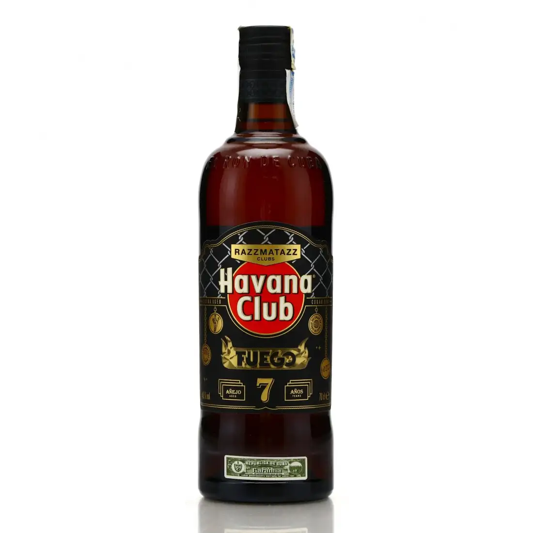 Image of the front of the bottle of the rum 7 Años Fuego (Razzmatazz Clubs)