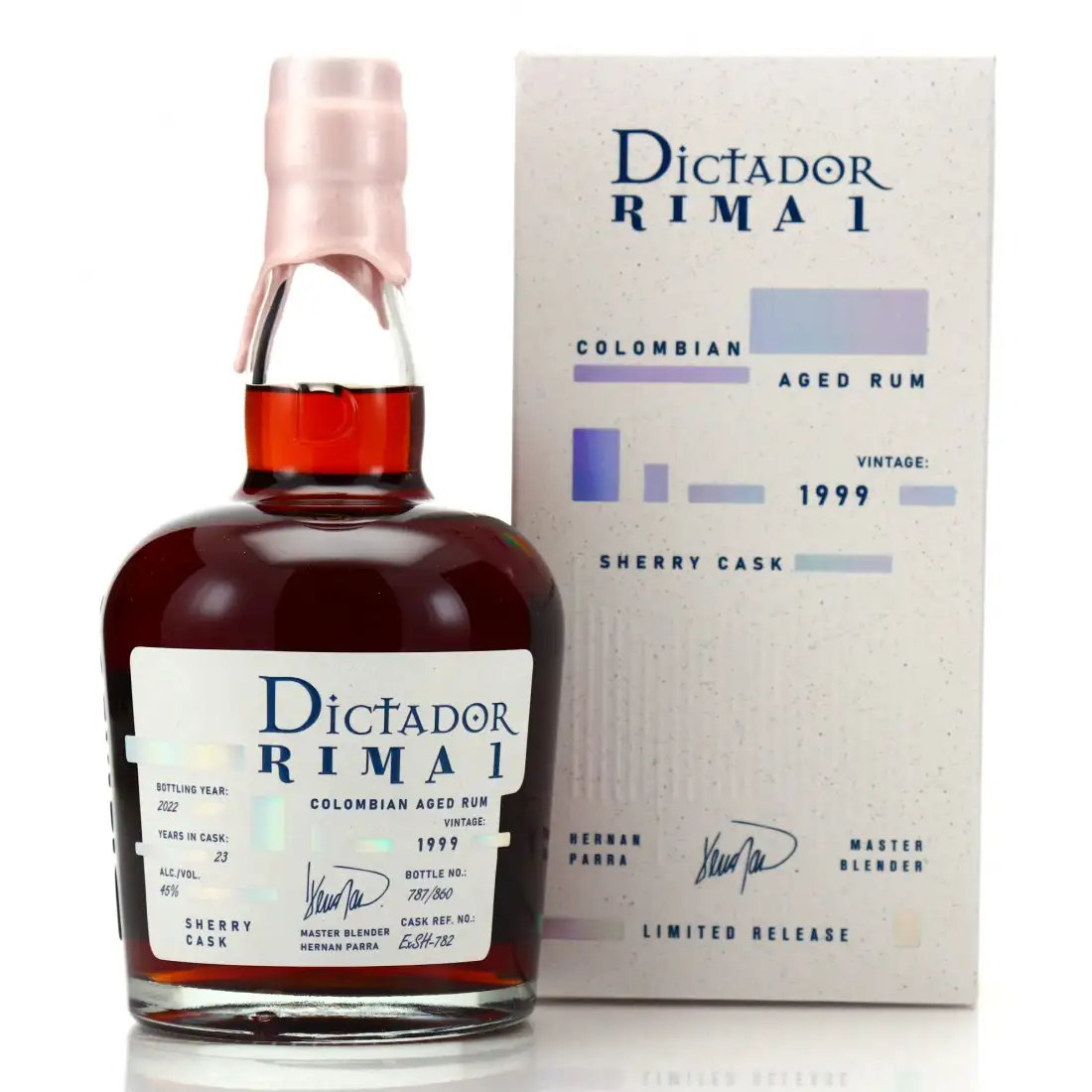 Image of the front of the bottle of the rumDictador Rima 1