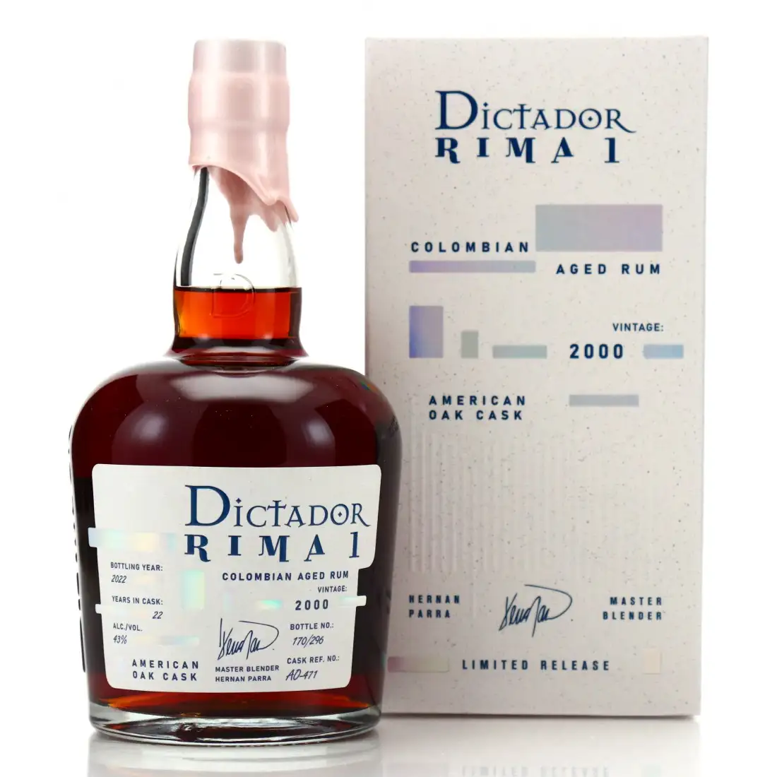 Image of the front of the bottle of the rumDictador Rima 1