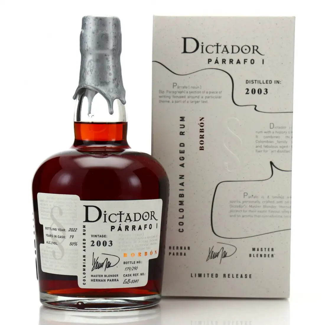 Image of the front of the bottle of the rum Dictador Párrafo I Borbón