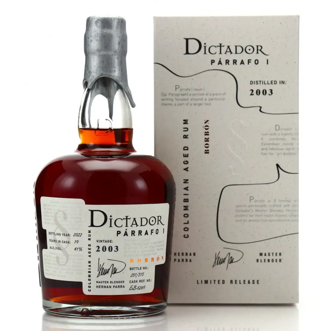 Image of the front of the bottle of the rum Dictador Párrafo I Borbón