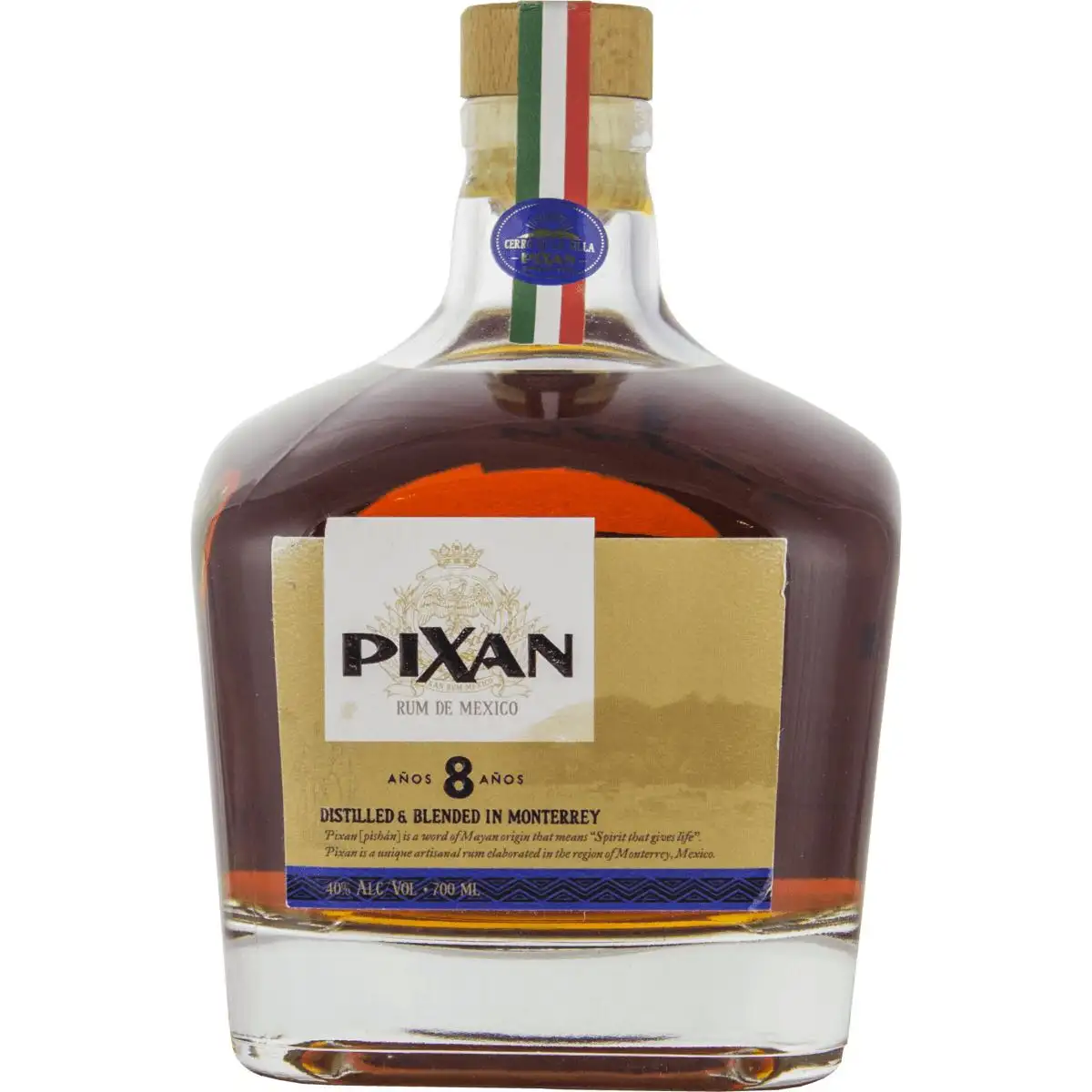 Image of the front of the bottle of the rum Pixan - 8 Años