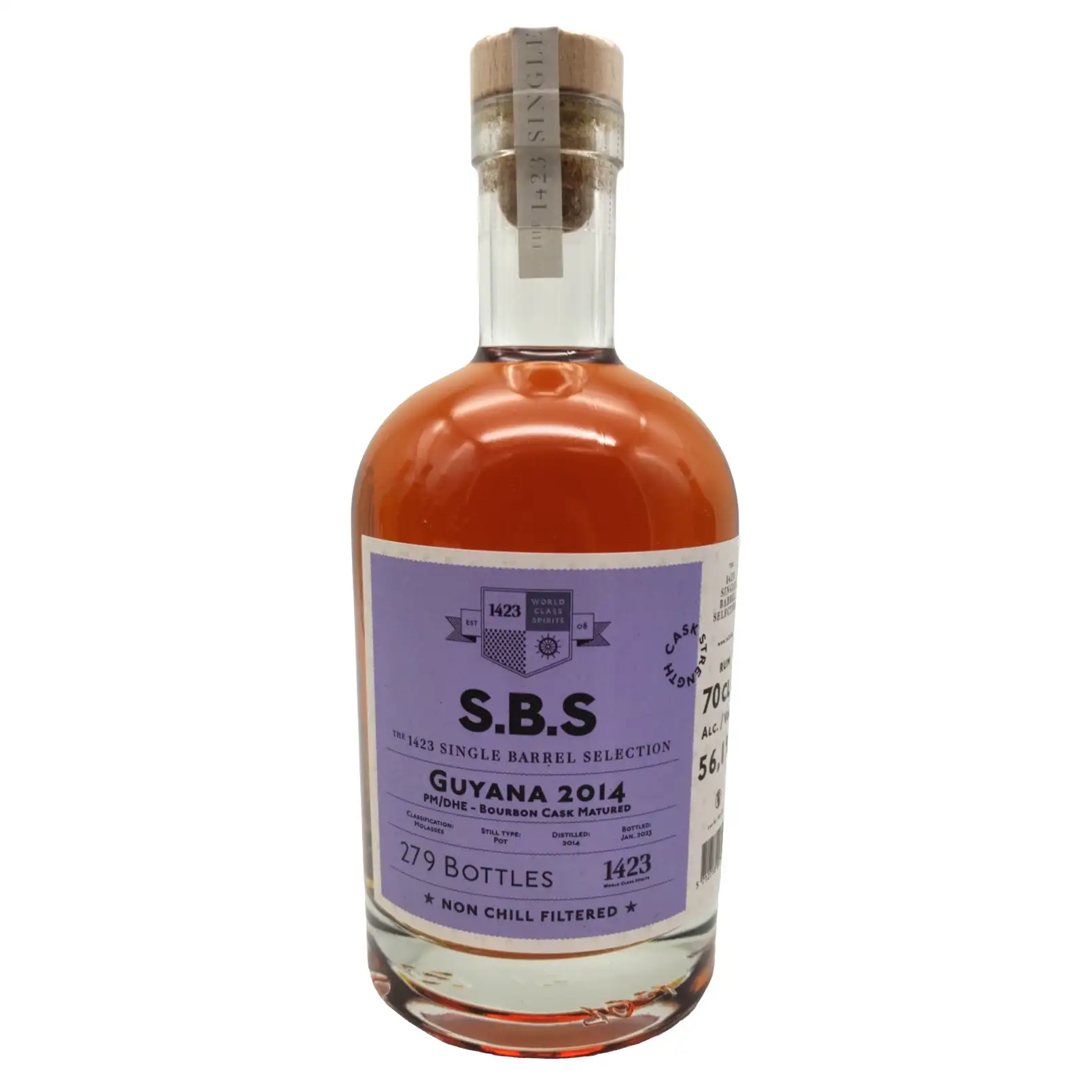Image of the front of the bottle of the rum S.B.S Guyana 2014 PM/DHE