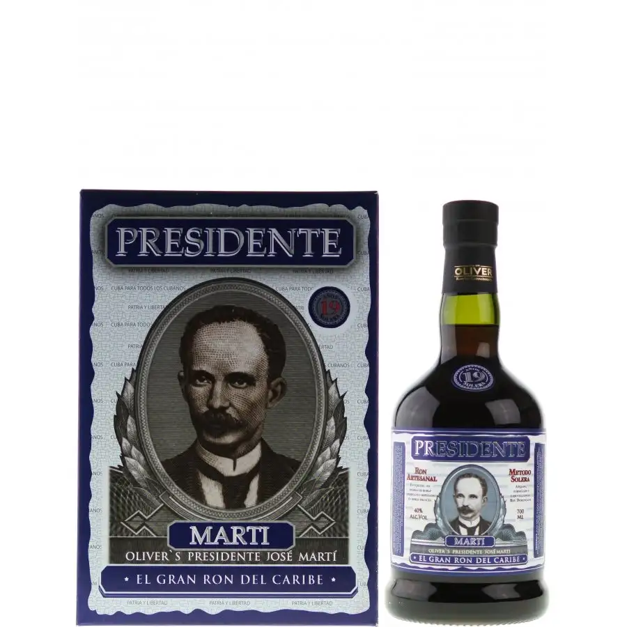 Image of the front of the bottle of the rum Presidente Marti 19 Años