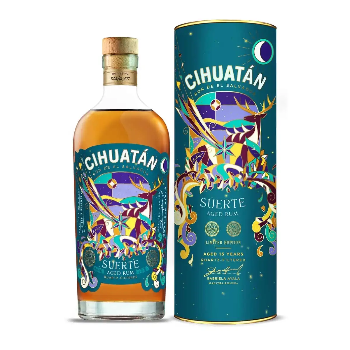 Image of the front of the bottle of the rum Cihuatán Suerte Aged Rum