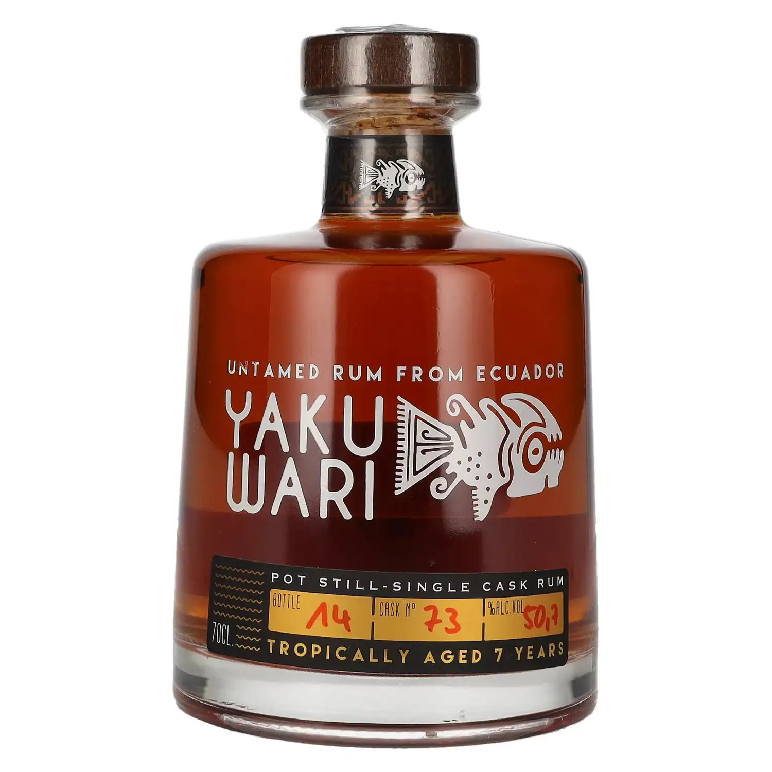 Image of the front of the bottle of the rum Yaku Wari Untamed Rum from Ecuador