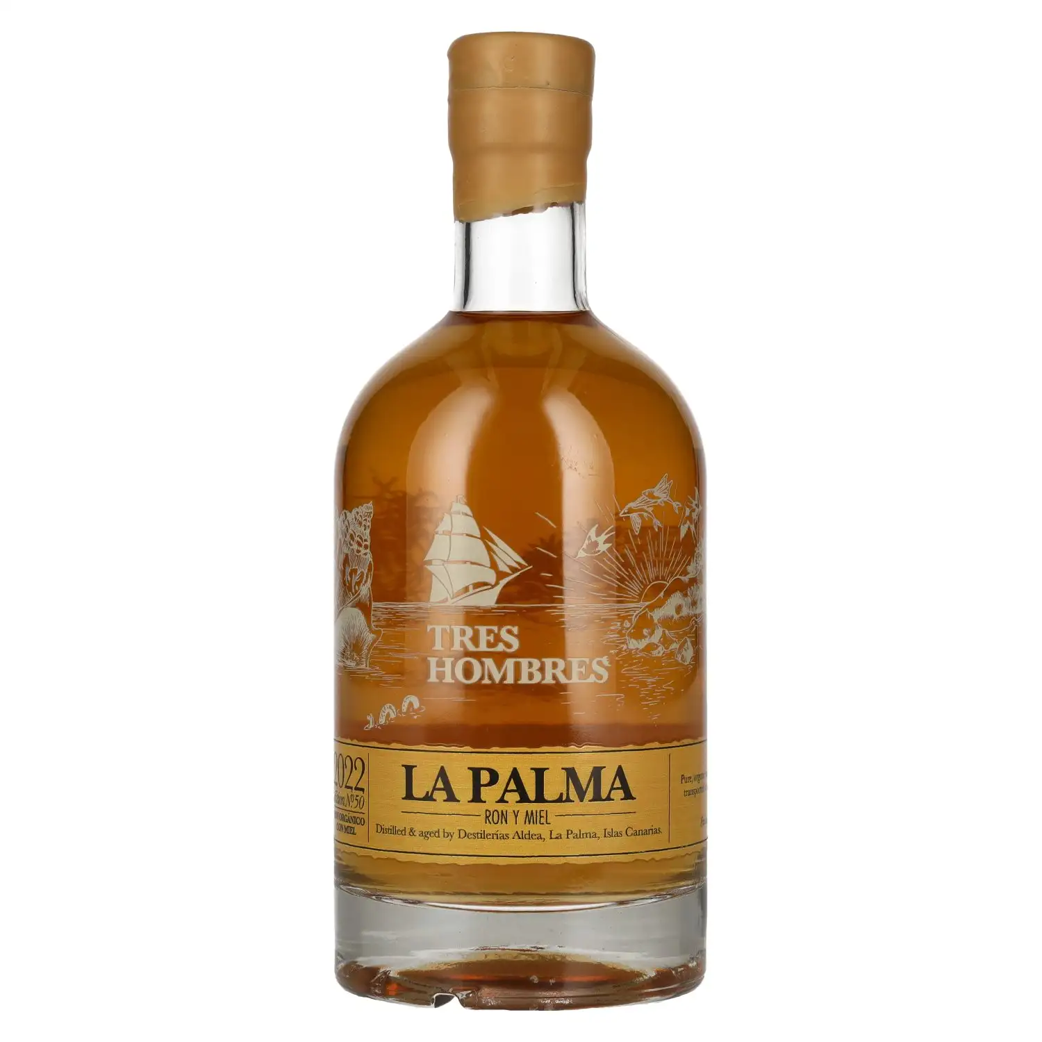 Image of the front of the bottle of the rumEd. 50 Ron y Miel La Palma
