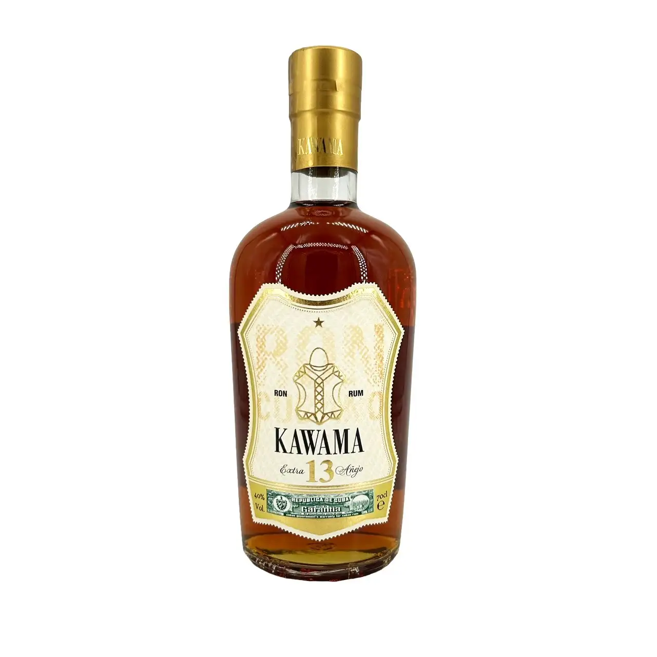 Image of the front of the bottle of the rum Kawama Extra Añejo
