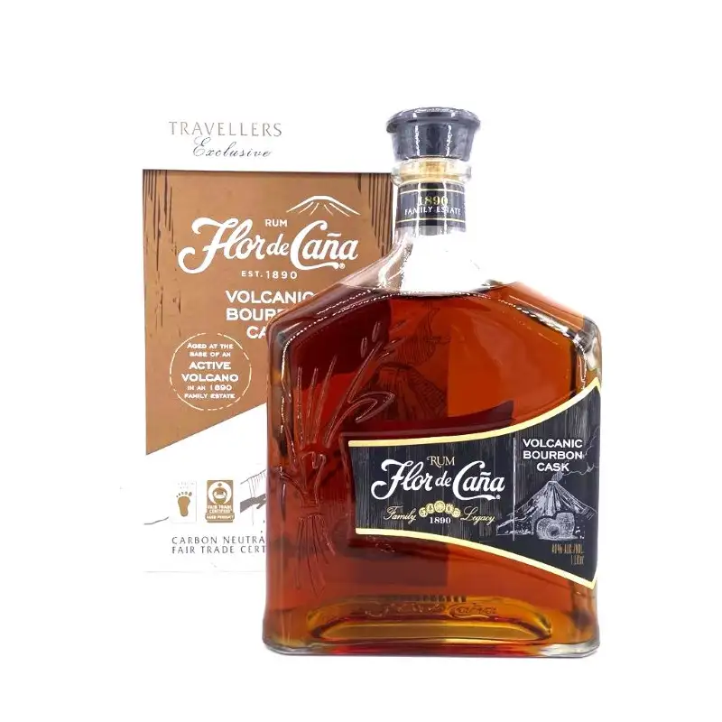 Image of the front of the bottle of the rumFlor de Caña Volcanic Bourbon Cask Travellers Exclusive