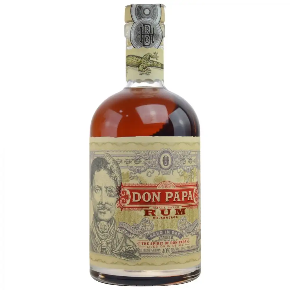 Image of the front of the bottle of the rum Don Papa Rum
