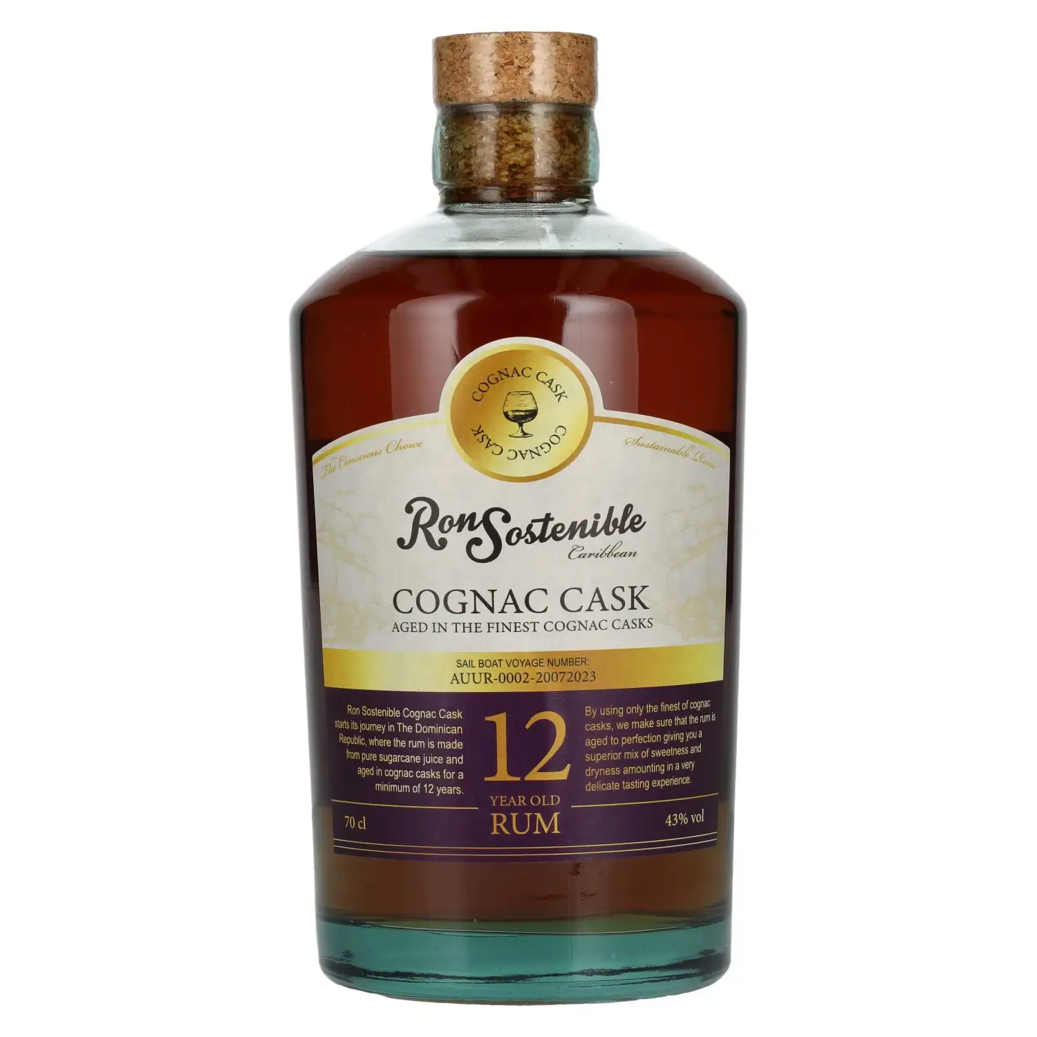 Image of the front of the bottle of the rumRon Sostenible Cognac Cask