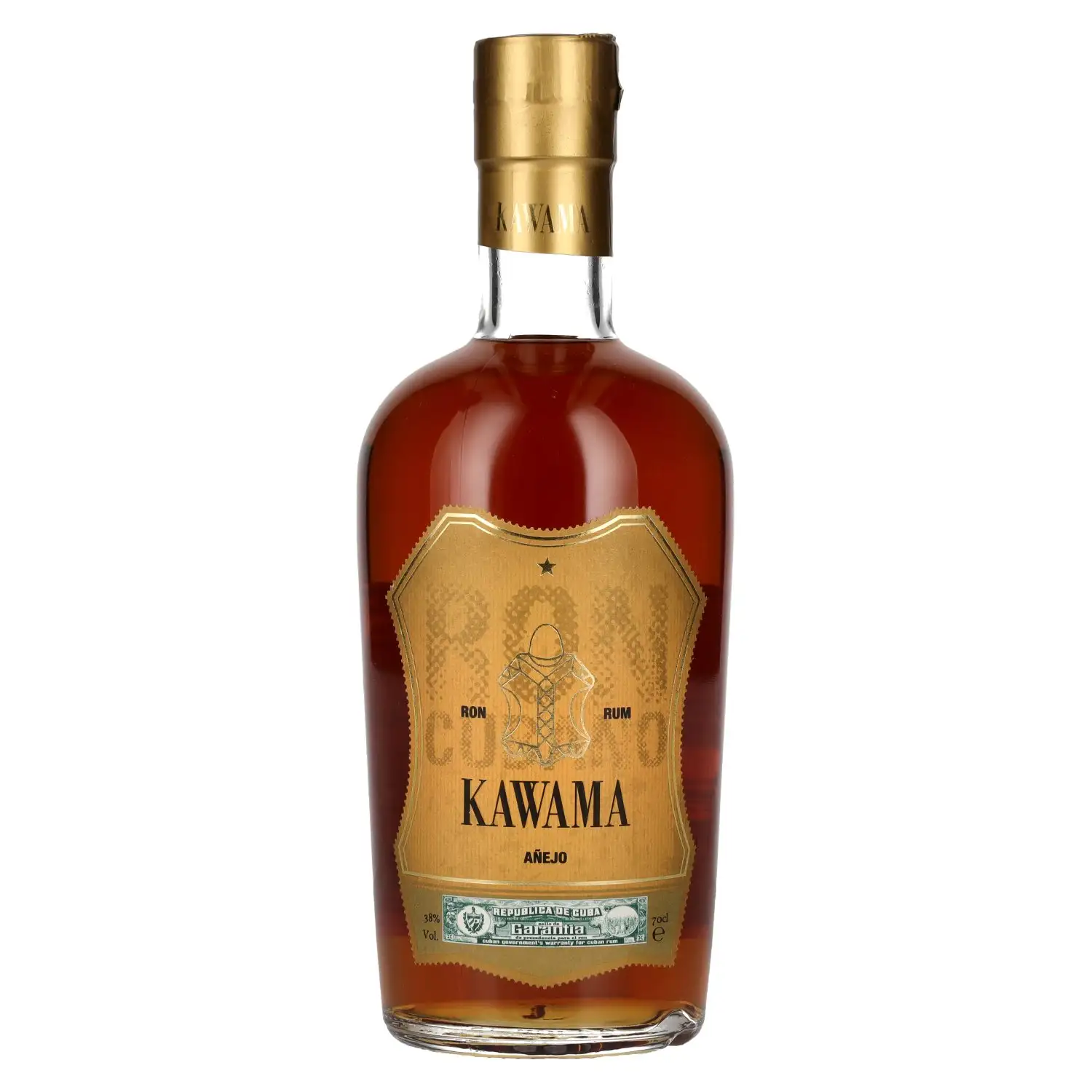 Image of the front of the bottle of the rumKawama Añejo