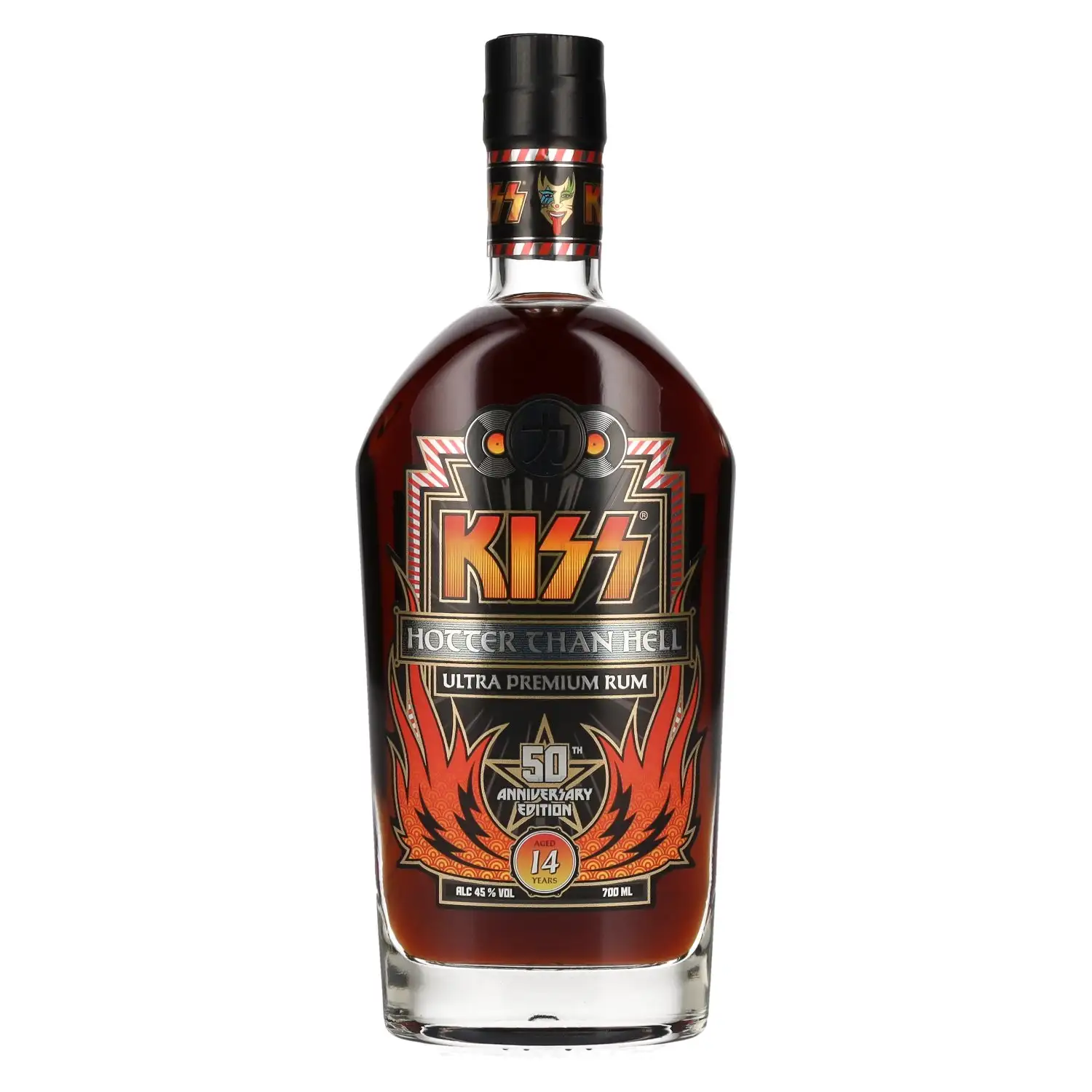 Image of the front of the bottle of the rumKiss Kiss 14 Years Old Hotter than Hell Ultra Premium Rum 50th Anniversary Edition