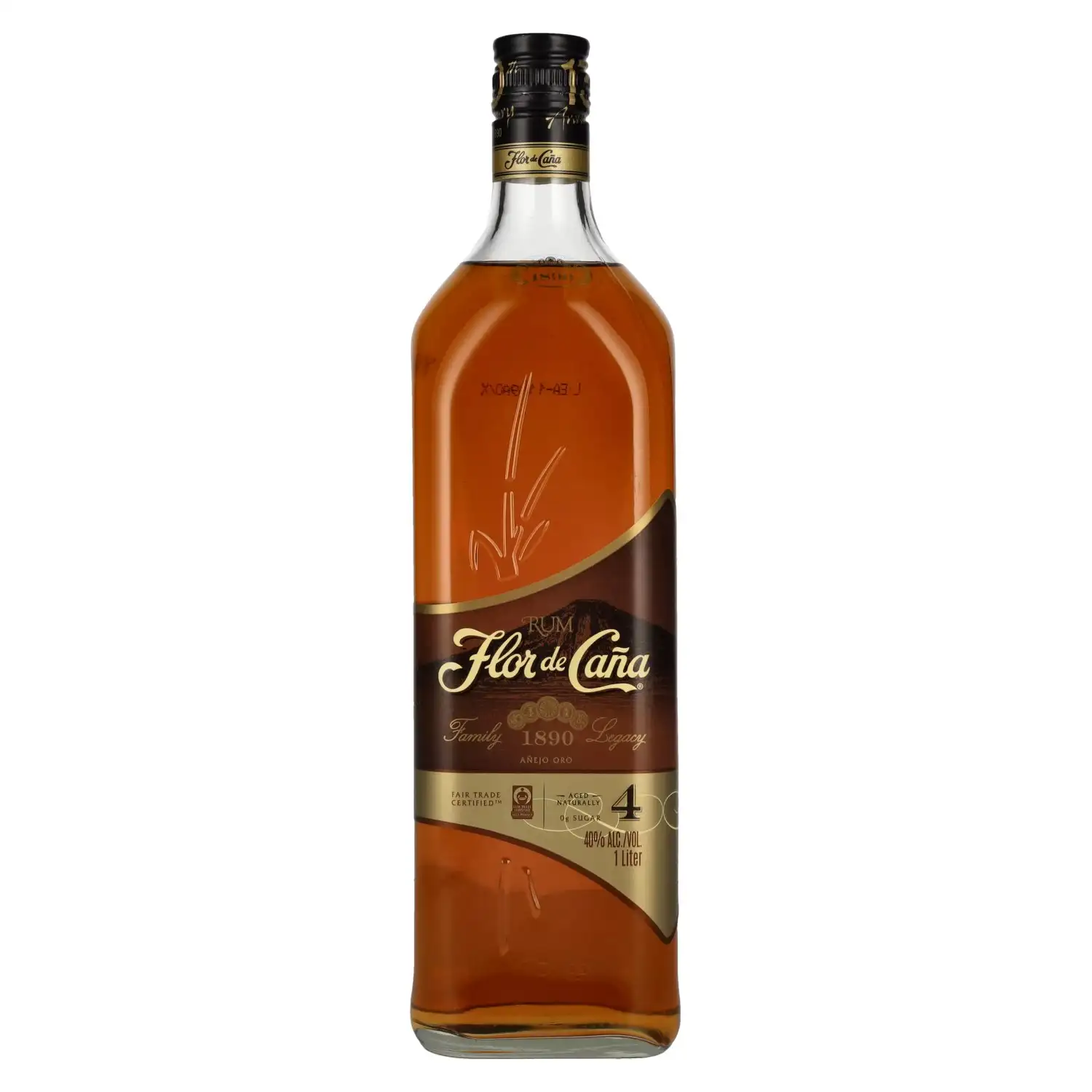 Image of the front of the bottle of the rum Flor de Caña 4 Años Añejo Oro