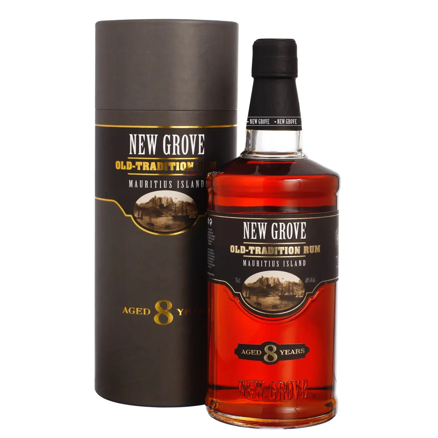 Image of the front of the bottle of the rum New Grove Old Tradition 8