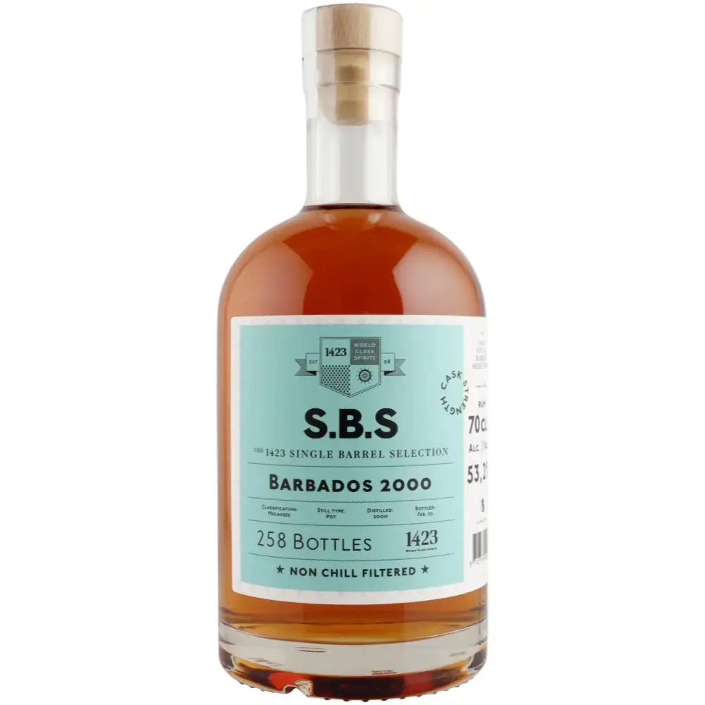 Image of the front of the bottle of the rum S.B.S Barbados 2000