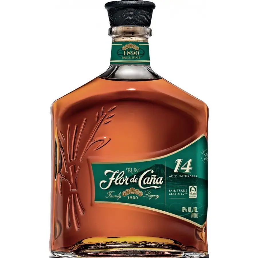 Image of the front of the bottle of the rum Flor de Caña 14 Años