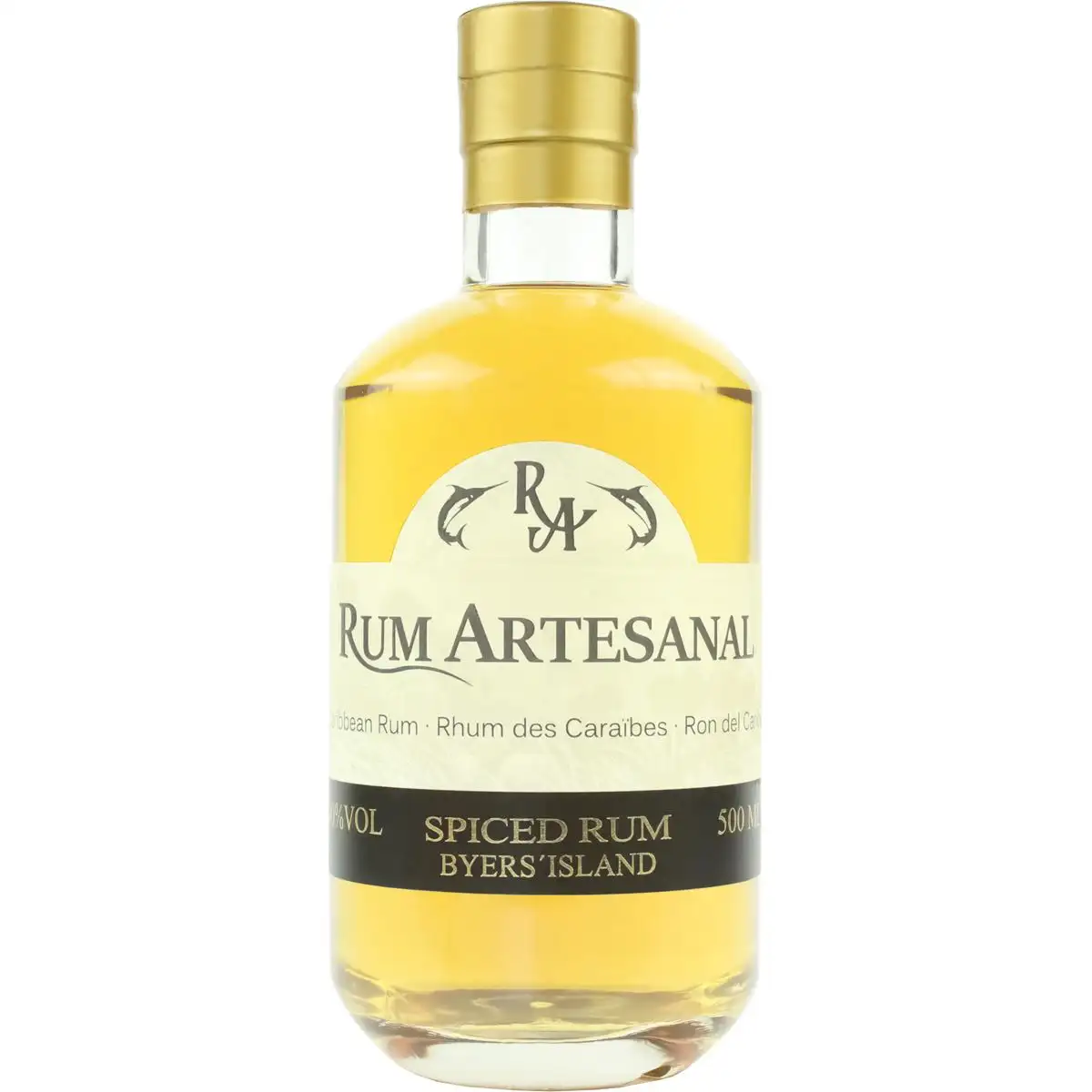 Image of the front of the bottle of the rum Rum Artesanal Spiced Rum Byers‘ Island