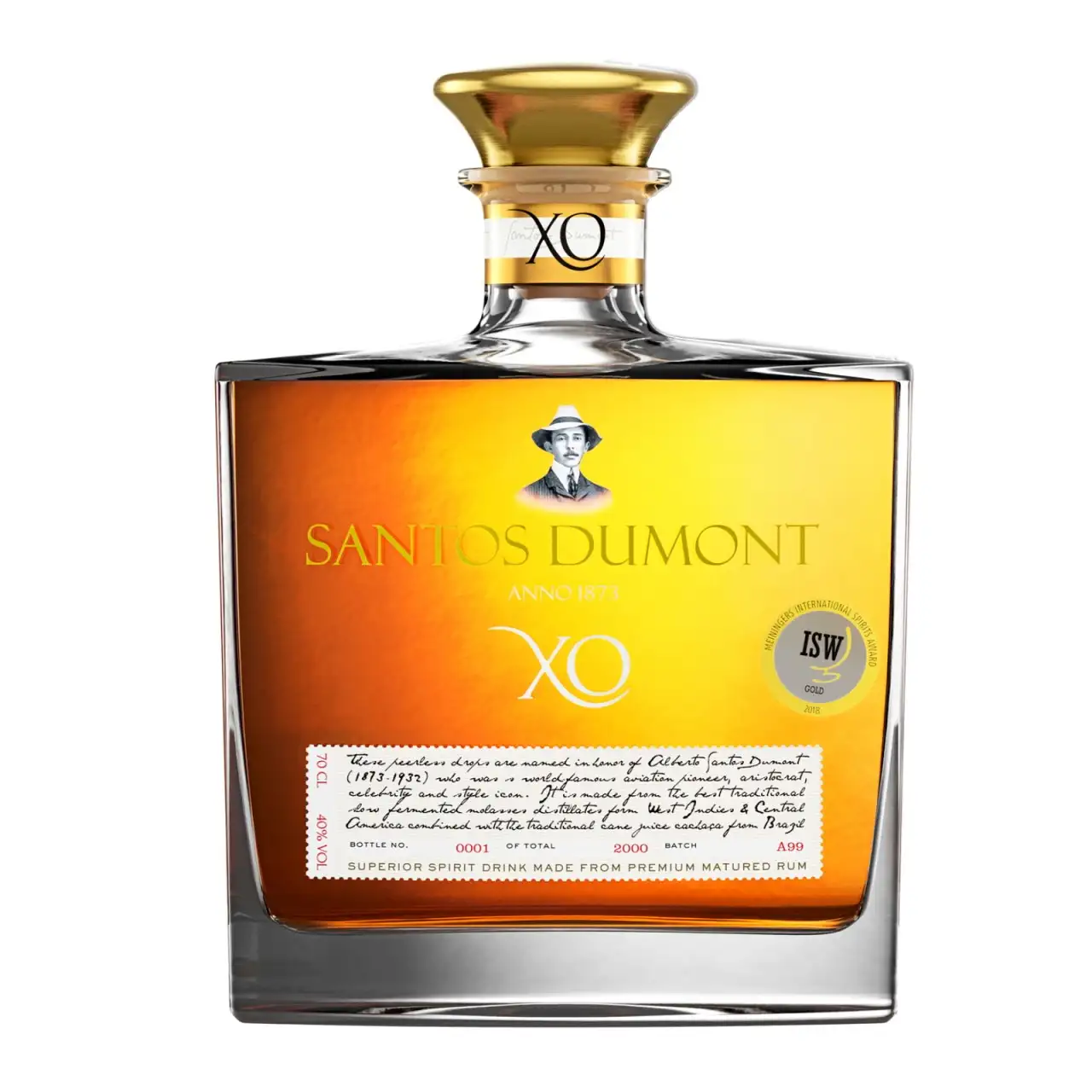 Image of the front of the bottle of the rum Santos Dumont XO Super Premium Rum