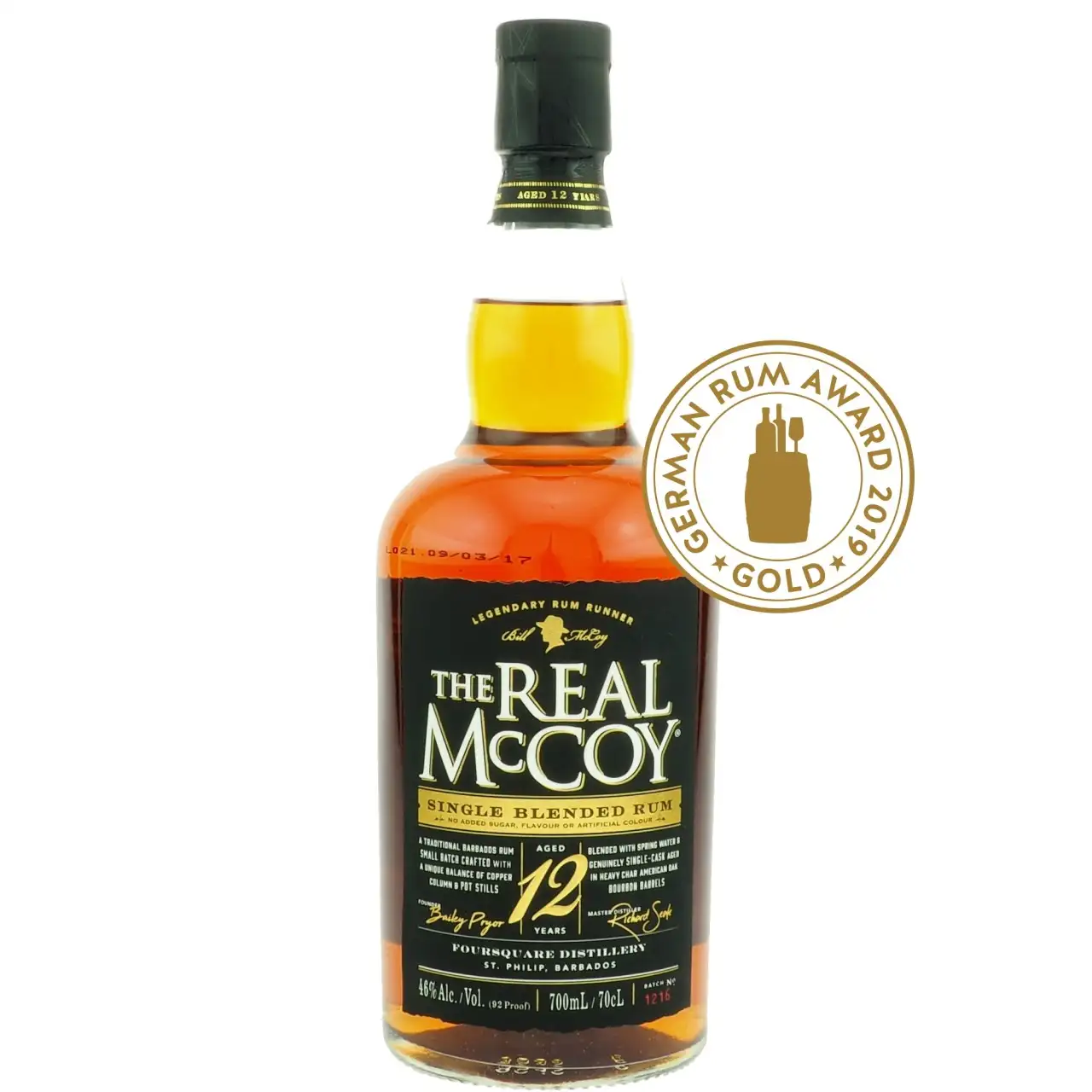 Image of the front of the bottle of the rum The Real McCoy 12 Years