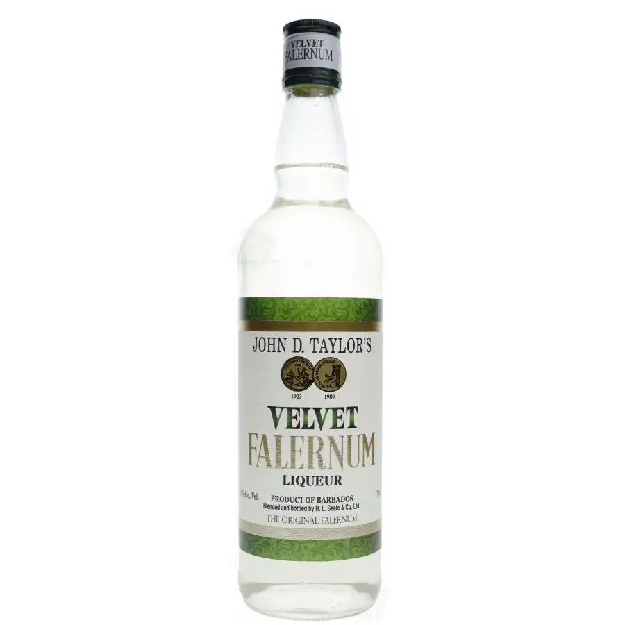 Image of the front of the bottle of the rum John D. Taylor’s Velvet Falernum