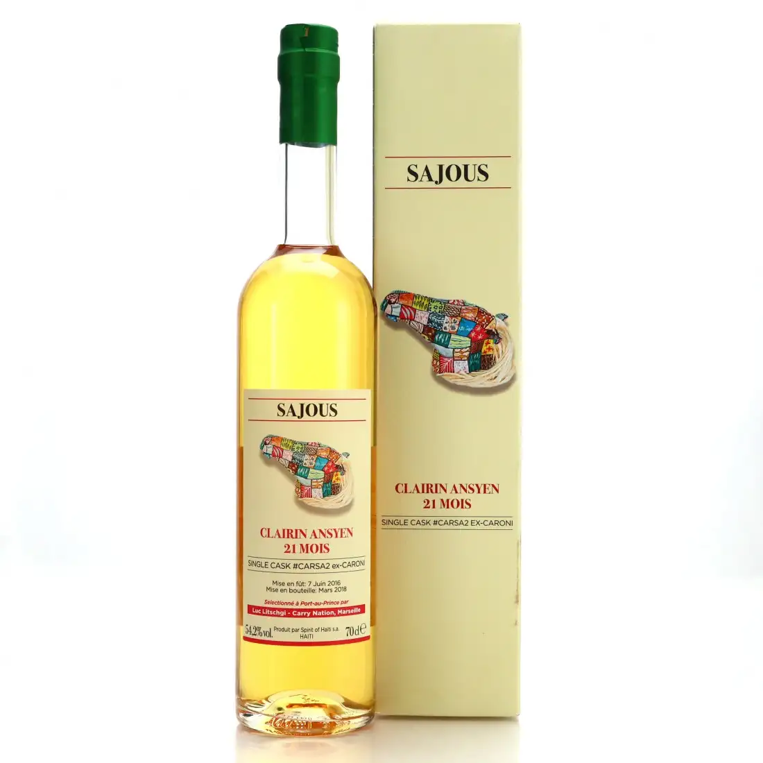 Image of the front of the bottle of the rum Clairin Ansyen Sajous (Caroni Cask)