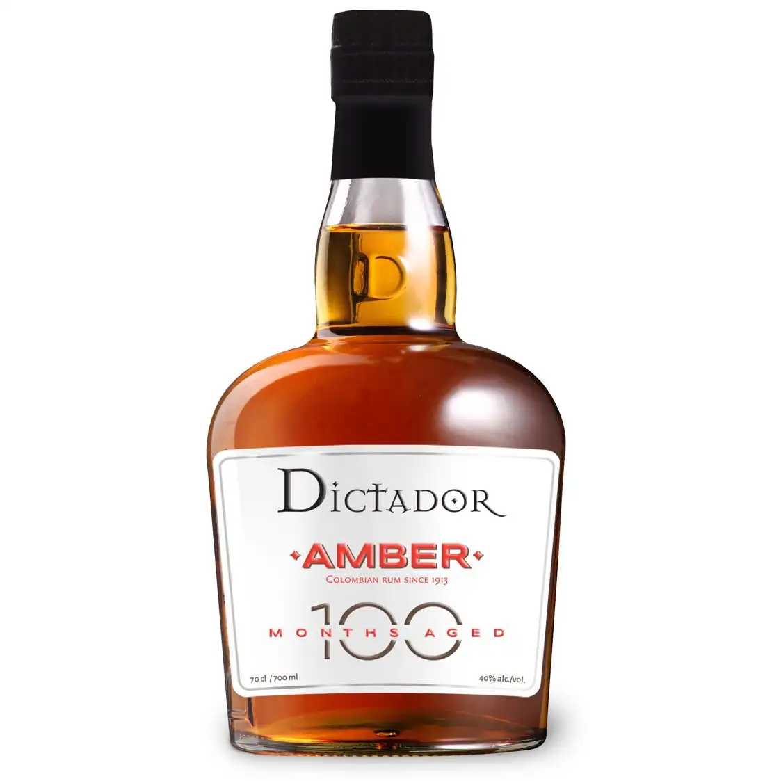 Image of the front of the bottle of the rumDictador 100 Amber