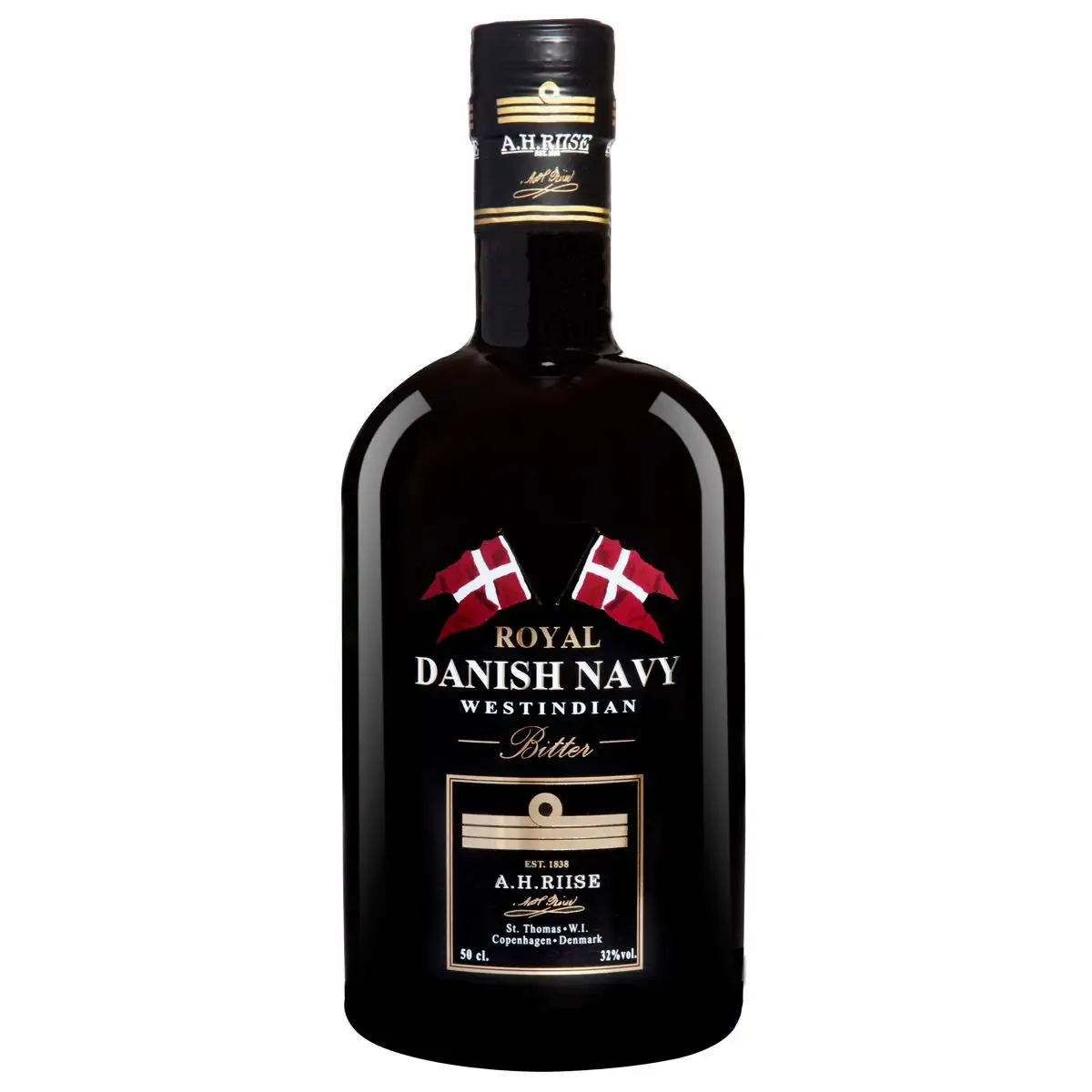 Image of the front of the bottle of the rum Royal Danish Navy Bitter