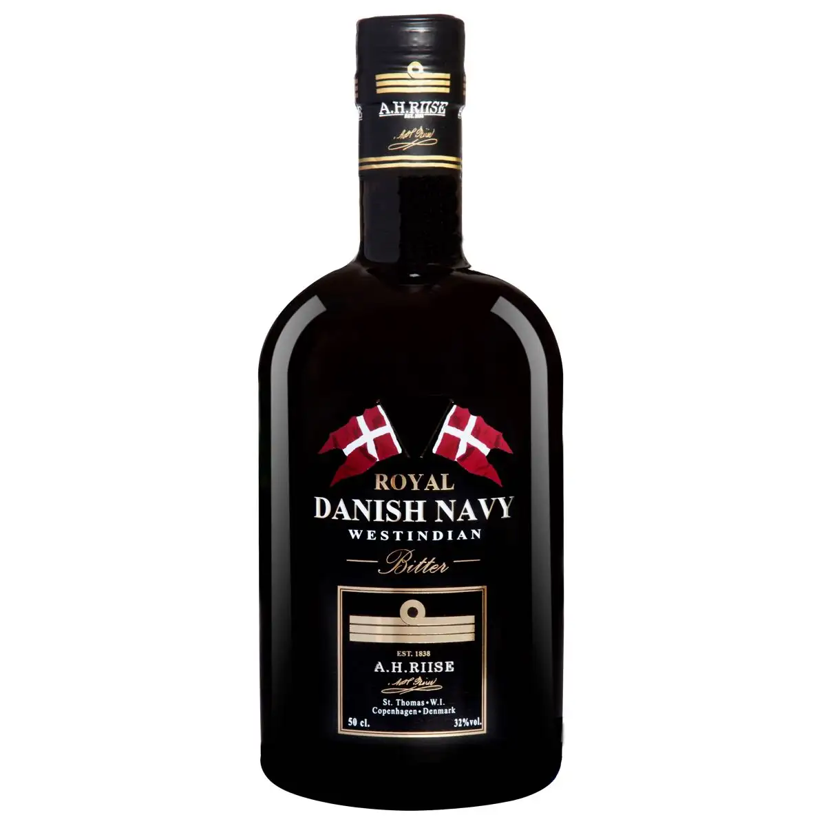 Image of the front of the bottle of the rumRoyal Danish Navy Bitter