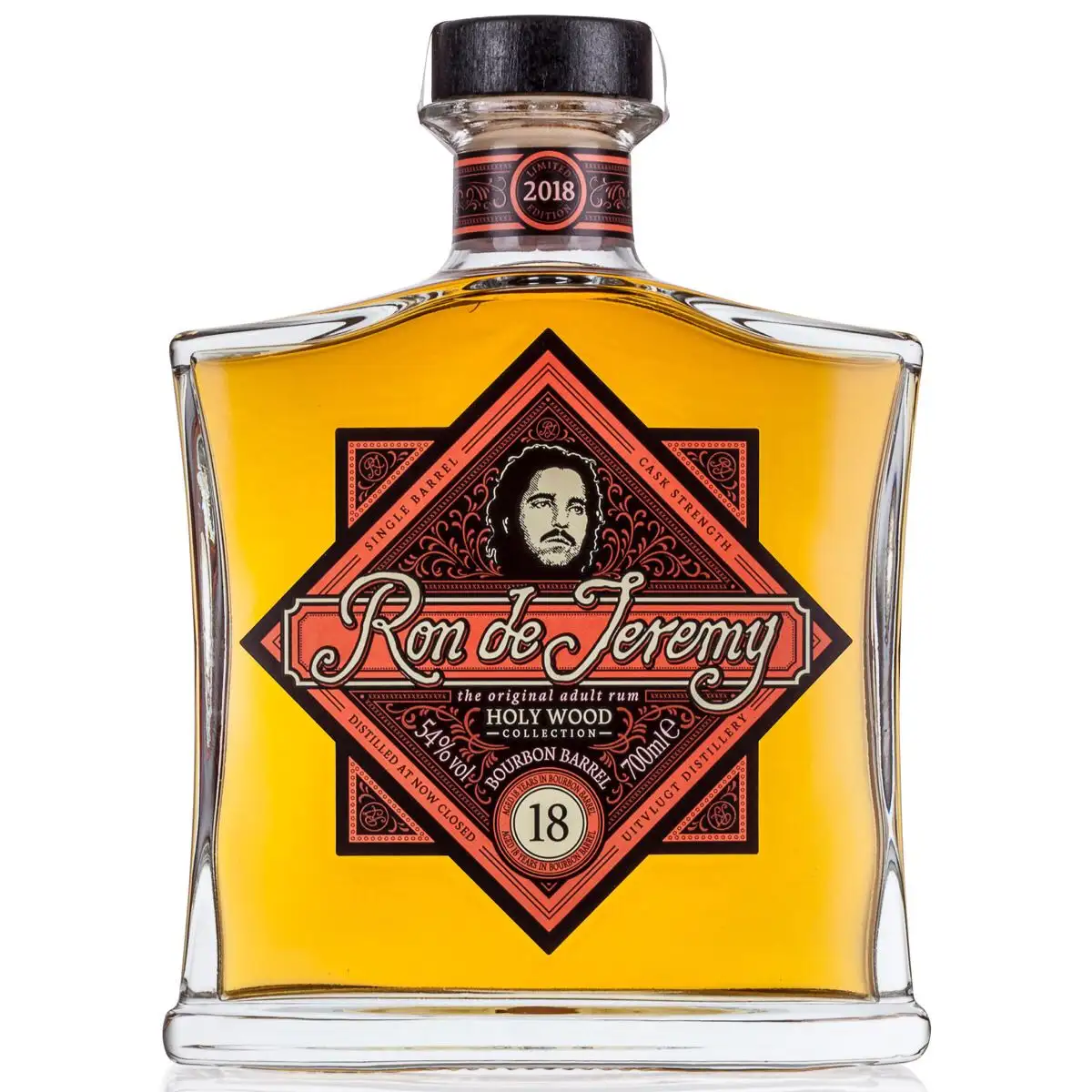 Image of the front of the bottle of the rum Ron de Jeremy Holy Wood 18 YO Bourbon Barrel