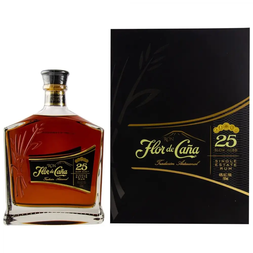 Image of the front of the bottle of the rum Flor de Caña 25 Años