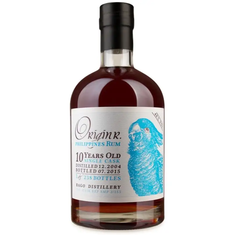 Image of the front of the bottle of the rum Origin R. Bago 2004