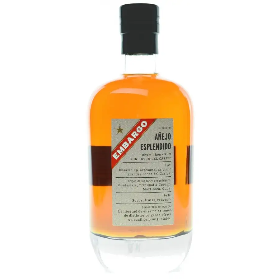 Image of the front of the bottle of the rum Embargo Añejo Esplendido