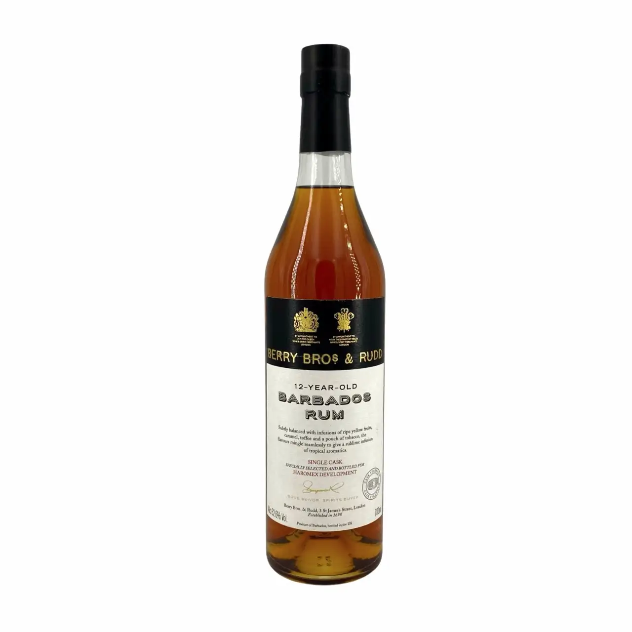Image of the front of the bottle of the rumBarbados Rum for Haromex Dev.