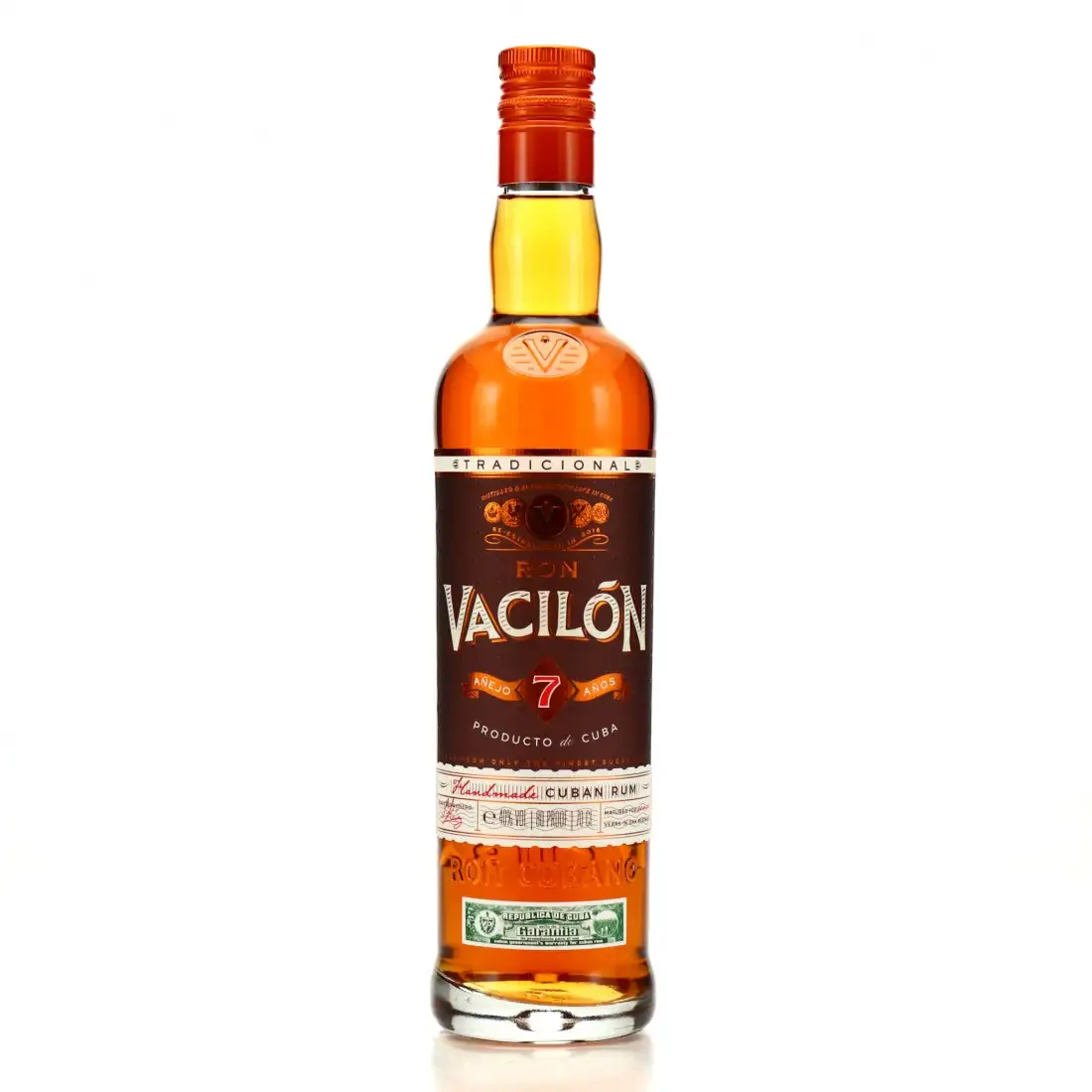 Image of the front of the bottle of the rum Vacilon Añejo 7 Años