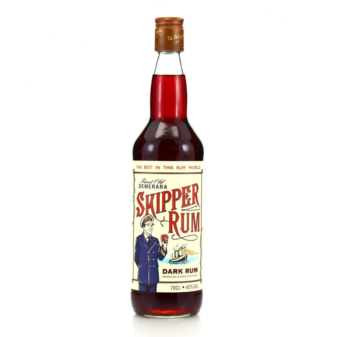 Image of the front of the bottle of the rum Skipper Dark Rum
