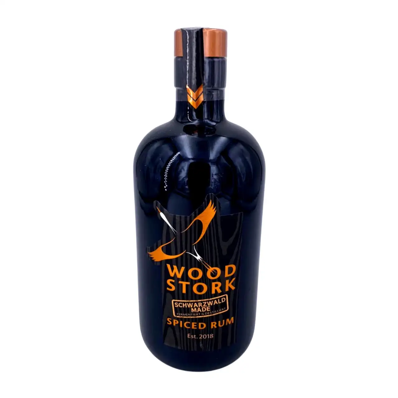 Image of the front of the bottle of the rum Schwarzwald Rum Wood stork