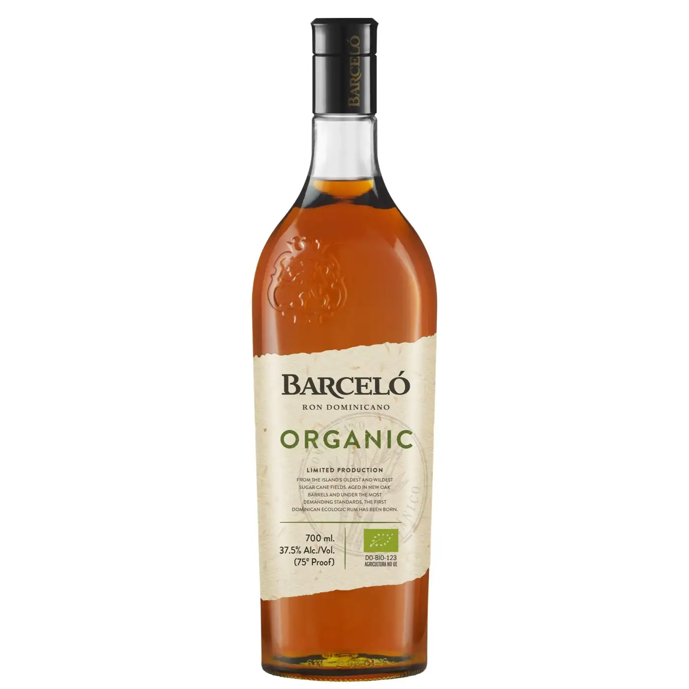 Image of the front of the bottle of the rum Ron Barceló Organic