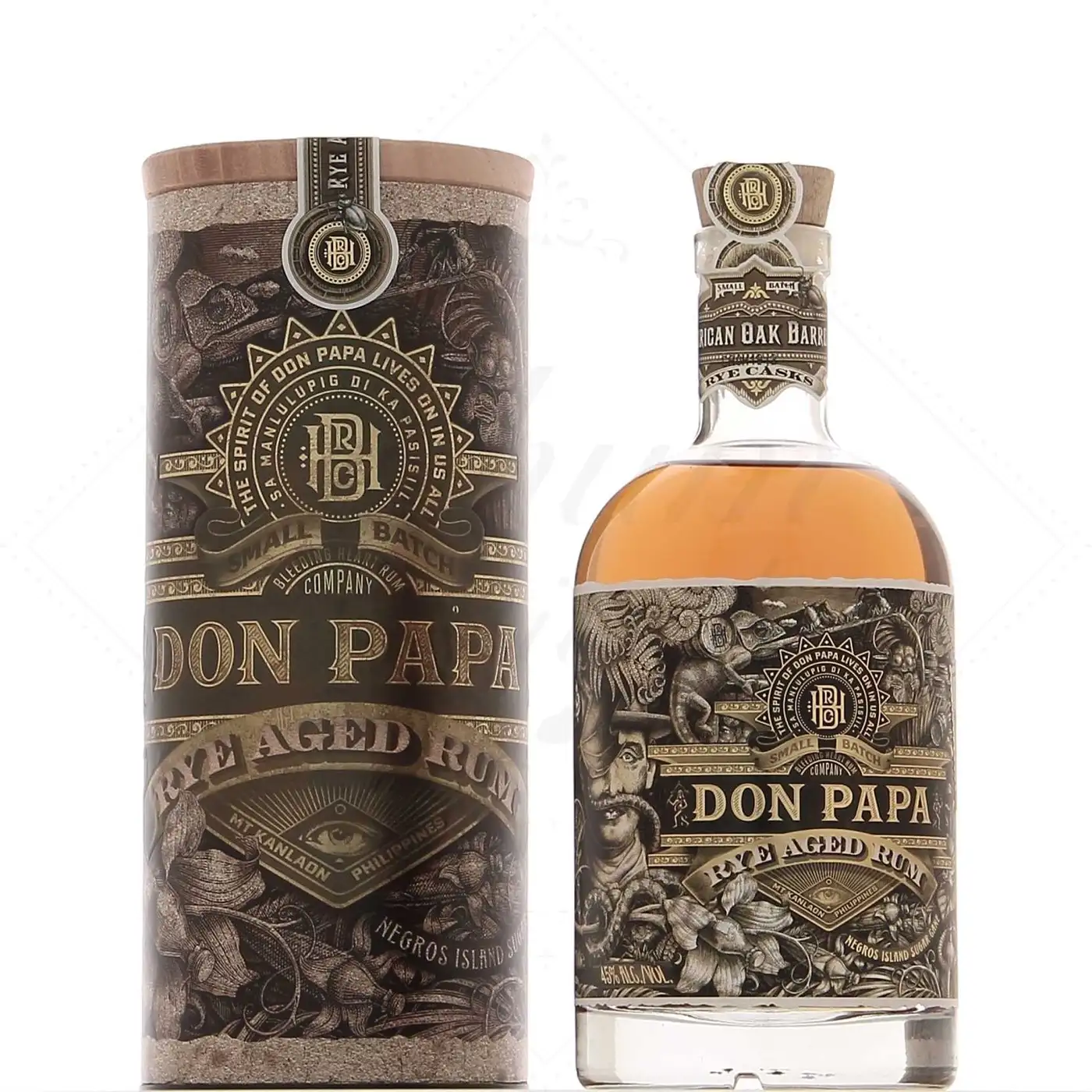 Image of the front of the bottle of the rum Don Papa Rye Cask Rum