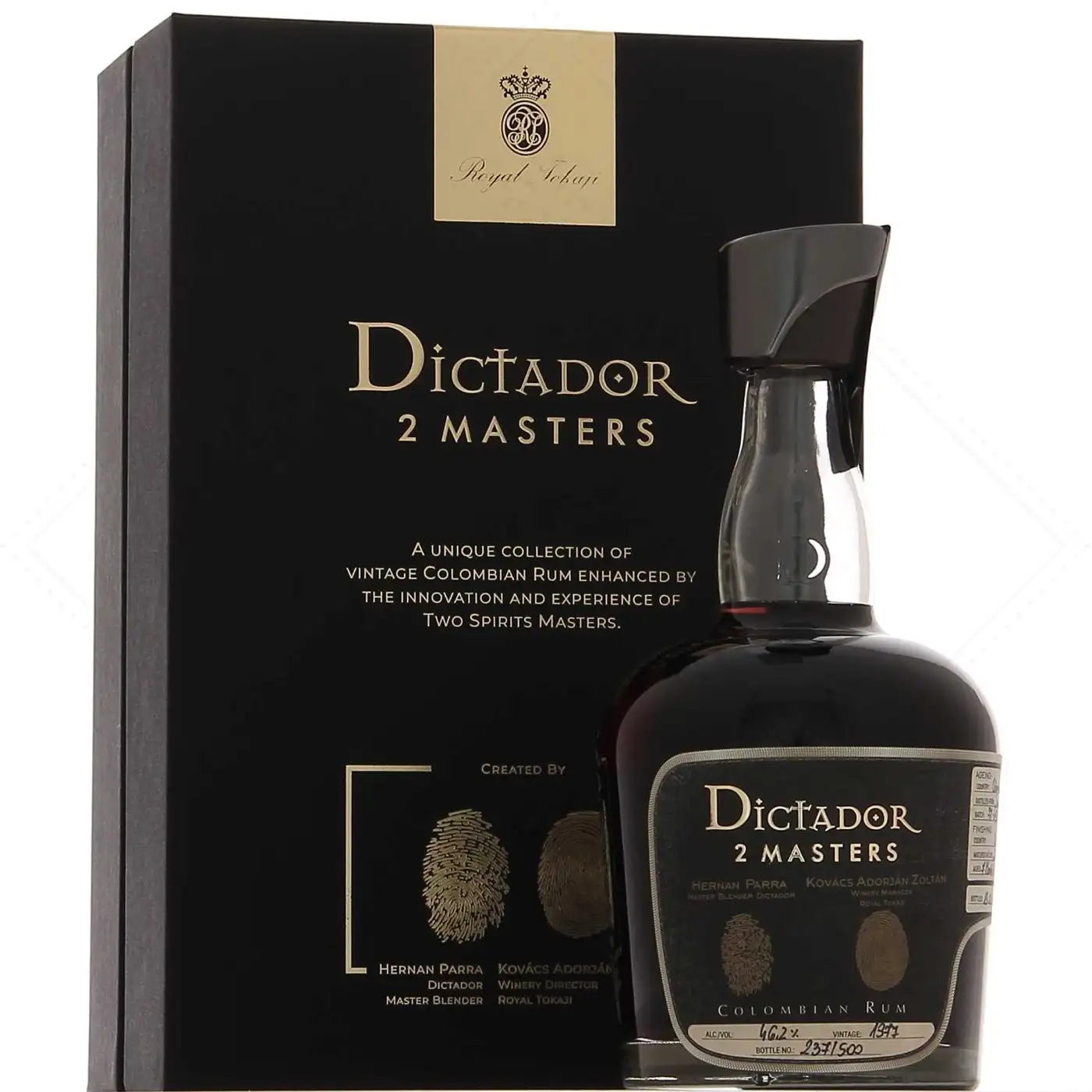 Image of the front of the bottle of the rum Dictador 2 Masters Royal Tokaji