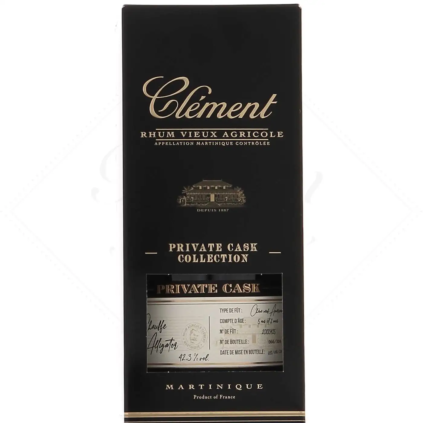 Image of the front of the bottle of the rum Clément Private Cask Chauffe Alligator