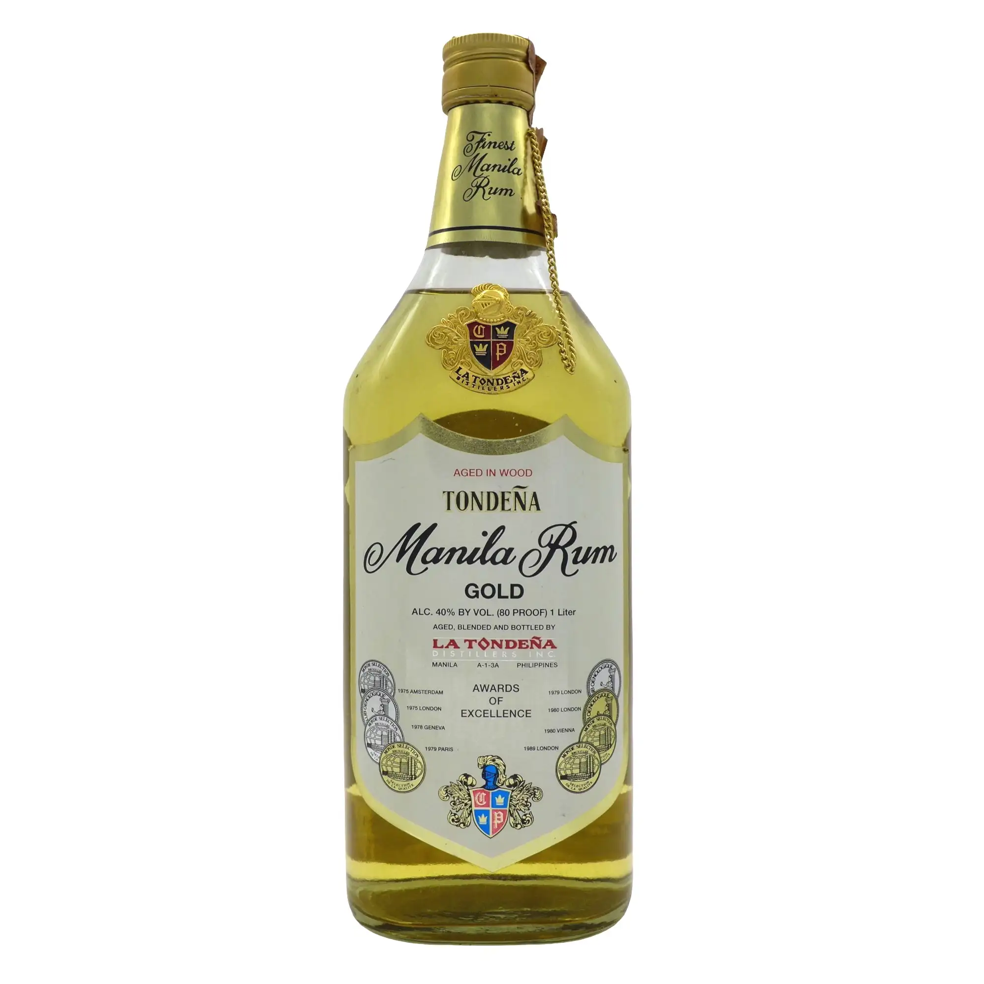 Image of the front of the bottle of the rum La Tondeña Distileria Bago Manila Rum Gold