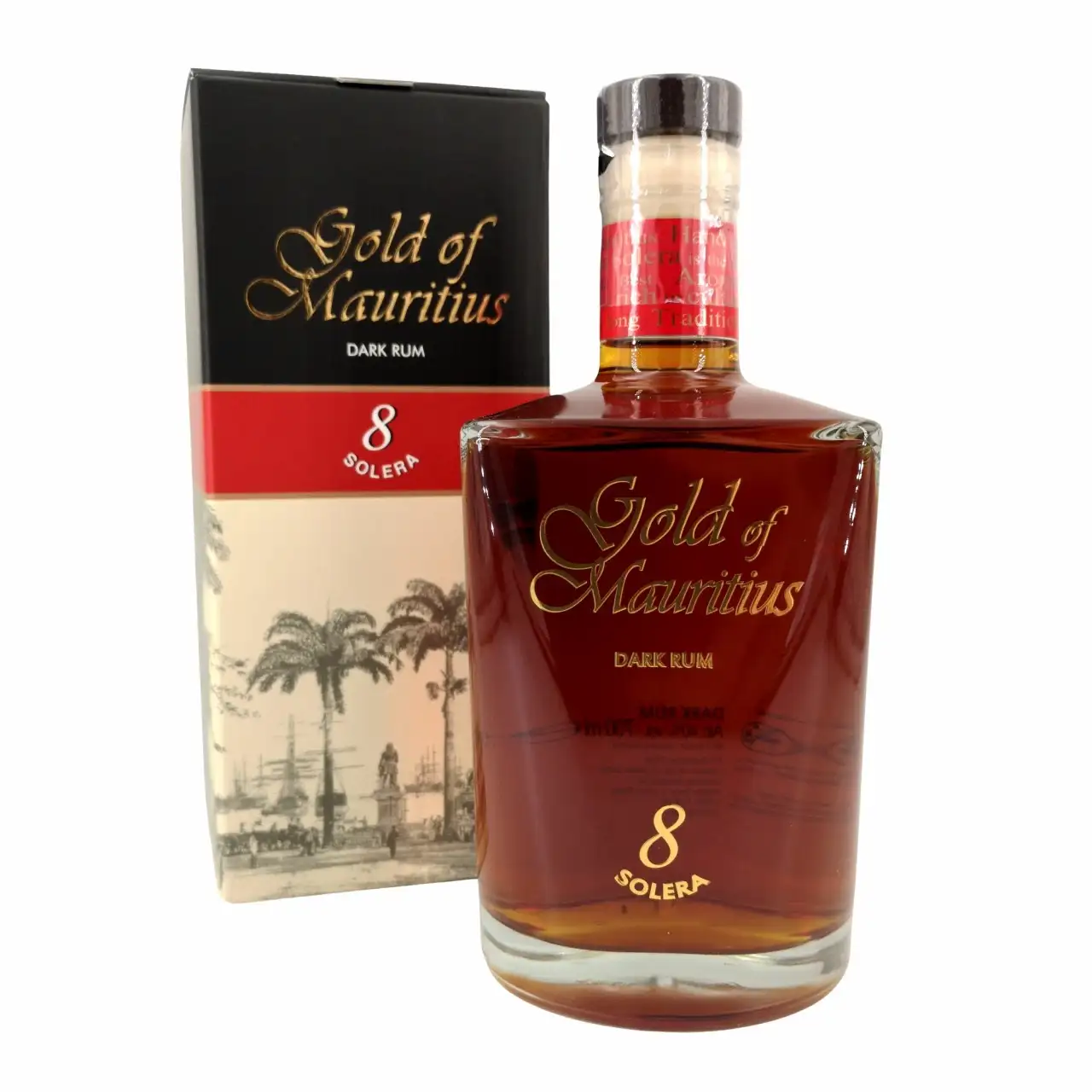 Image of the front of the bottle of the rum Gold of Mauritius Dark Rum 8 Solera