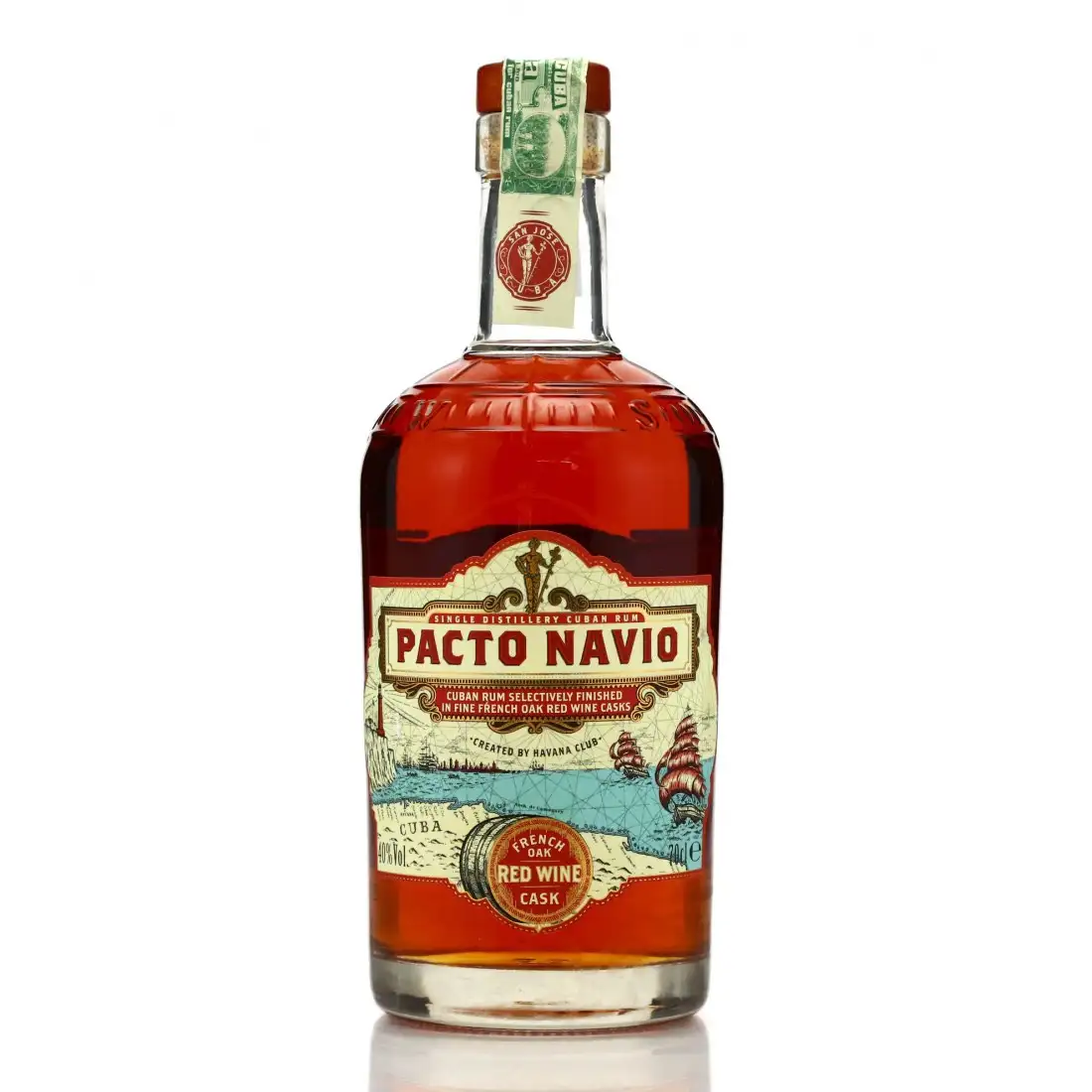 Image of the front of the bottle of the rum Pacto Navio Red Wine Cask